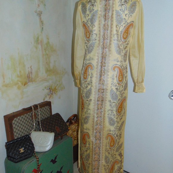 Vintage 60s 70s Alfred Shaheen Kaftan Long Sleeve Yellow Hawaiian Maxi Dress 10 - Picture 8 of 15